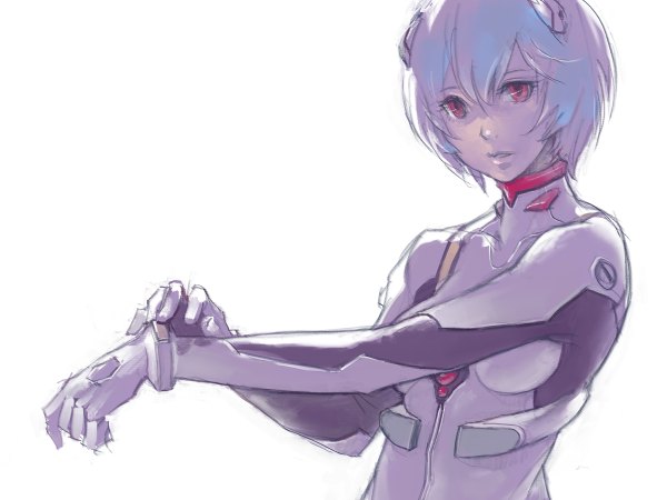 Anime picture 1200x900 with neon genesis evangelion gainax ayanami rei pomodorosa single looking at viewer short hair open mouth simple background white background pink eyes multicolored hair girl bodysuit pilot suit