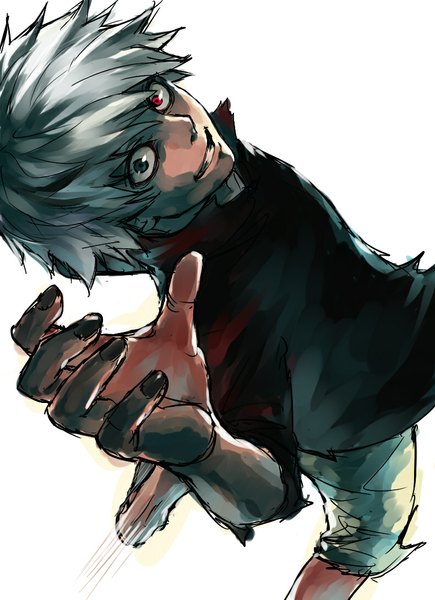 Anime picture 790x1090 with tokyo ghoul studio pierrot kaneki ken shiromi (ringo) single tall image looking at viewer short hair simple background smile red eyes white background barefoot fingernails grey hair grey eyes heterochromia outstretched arm crazy smile boy