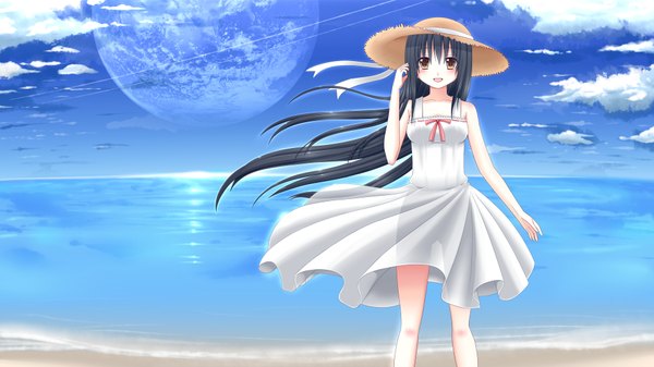 Anime picture 1920x1080 with original dotera-otoko single long hair looking at viewer blush highres black hair wide image brown eyes cloud (clouds) beach girl hat sundress