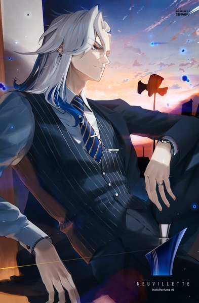 Anime picture 2605x3979 with genshin impact neuvillette (genshin impact) sena 8ito single long hair tall image highres sitting signed looking away sky silver hair light smile grey eyes character names piercing evening ear piercing sunset boy