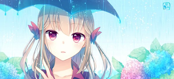 Anime picture 1111x505 with original goma (11zihisin) single long hair looking at viewer blonde hair wide image two side up rain otoko no ko boy flower (flowers) ribbon (ribbons) hair ribbon umbrella hydrangea