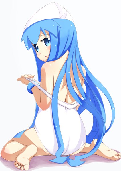 Anime picture 1190x1683 with shinryaku! ika musume ika musume gigokku single long hair tall image blush blue eyes light erotic simple background white background sitting blue hair looking back barefoot from behind back wariza tentacle hair girl