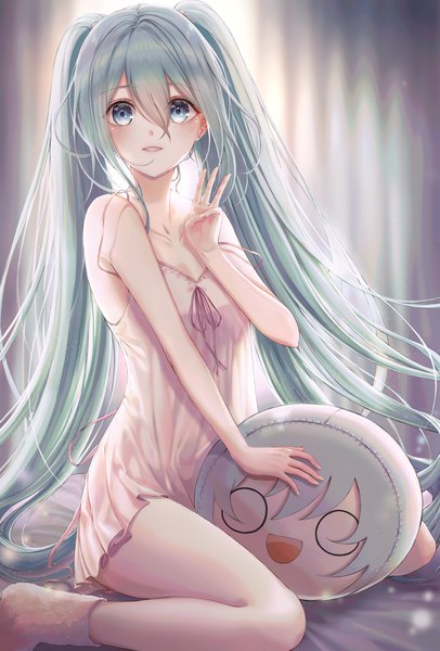 Anime picture 3232x4775 with vocaloid hatsune miku csc00014 single tall image looking at viewer blush fringe highres smile hair between eyes sitting twintails bare shoulders payot absurdres indoors very long hair parted lips aqua eyes
