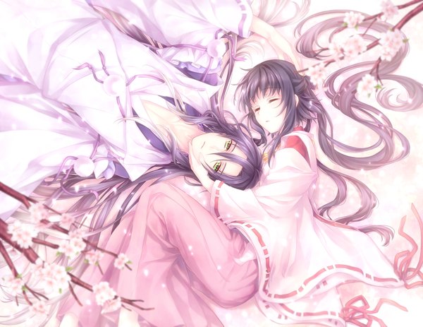 Anime picture 1165x900 with miyako (game) abe no seimei shikigami sangou yuuna minato long hair black hair green eyes purple hair lying eyes closed japanese clothes cherry blossoms sleeping girl boy kimono branch