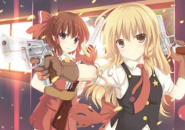 Anime picture 2000x1414 with touhou hakurei reimu kirisame marisa mizunashi kenichi long hair highres short hair blonde hair brown hair multiple girls brown eyes girl gloves bow weapon 2 girls hair bow necktie gun