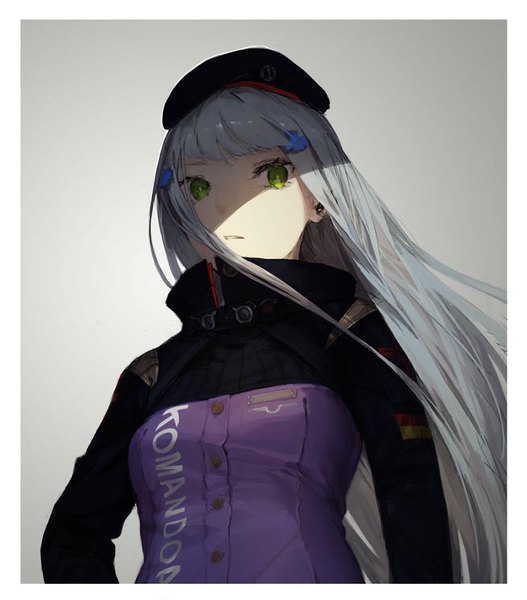 Anime picture 878x1000 with girls frontline hk416 (girls frontline) ryono mizuki single long hair tall image looking at viewer fringe simple background green eyes silver hair upper body blunt bangs parted lips grey background floating hair border shaded face clothes writing girl