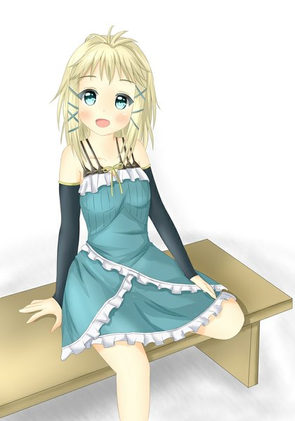 Anime picture 700x1000 with black bullet kinema citrus tina sprout tear yu single long hair tall image looking at viewer blush blue eyes simple background blonde hair smile white background sitting girl x hair ornament clothes
