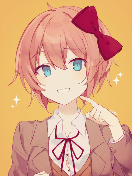 Anime picture 1668x2224 with doki doki literature club sayori (doki doki literature club) chicashidaxianyu single tall image looking at viewer blush fringe short hair blue eyes simple background smile hair between eyes signed pink hair upper body long sleeves sparkle grin finger to mouth