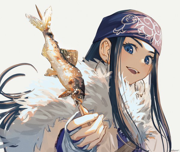 Anime picture 2122x1791 with golden kamuy asirpa champi single long hair looking at viewer highres open mouth blue eyes black hair simple background signed upper body traditional clothes :d ainu clothes girl earrings animal food