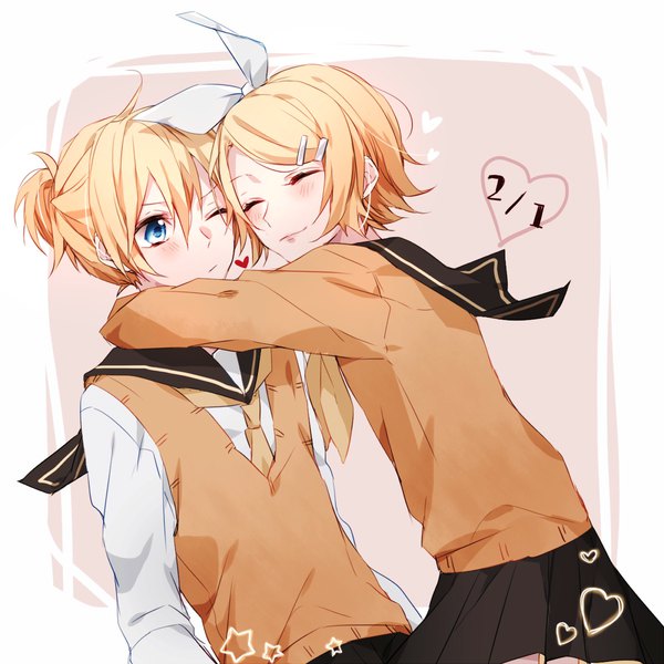 Anime picture 1200x1200 with vocaloid kagamine rin kagamine len hanasato (okashino) blush short hair blue eyes blonde hair ahoge eyes closed one eye closed hug pink background siblings twins brother and sister girl boy uniform bow