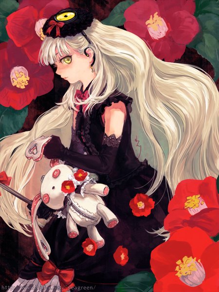 Anime picture 600x800 with vocaloid mayu (vocaloid) usano mimi yamakawa umi single long hair tall image fringe blonde hair bare shoulders signed yellow eyes looking away blunt bangs profile girl dress gloves flower (flowers) hat