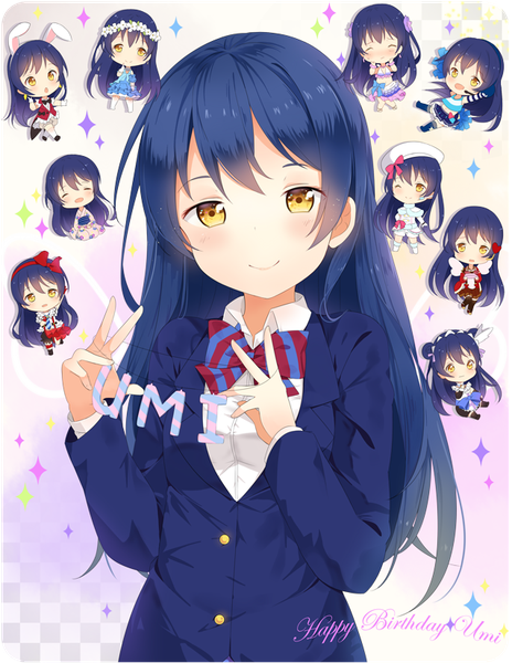 Anime picture 638x825 with love live! school idol project sunrise (studio) love live! sonoda umi hitsukuya long hair tall image blush open mouth black hair smile multiple girls yellow eyes eyes closed traditional clothes japanese clothes pleated skirt one eye closed wink inscription
