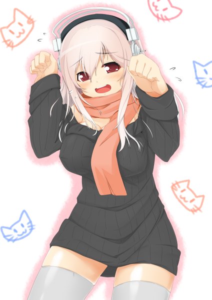 Anime picture 4093x5790 with nitroplus super sonico dodome-iro mayonnaise single long hair tall image looking at viewer blush highres open mouth red eyes pink hair absurdres girl thighhighs white thighhighs headphones scarf sweater