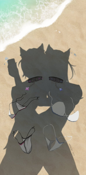 Anime-Bild 592x1199 mit virtual youtuber hololive hololive english mococo abyssgard fuwawa abyssgard myth1carts long hair tall image short hair breasts light erotic standing multiple girls signed animal ears outdoors shadow beach siblings twins