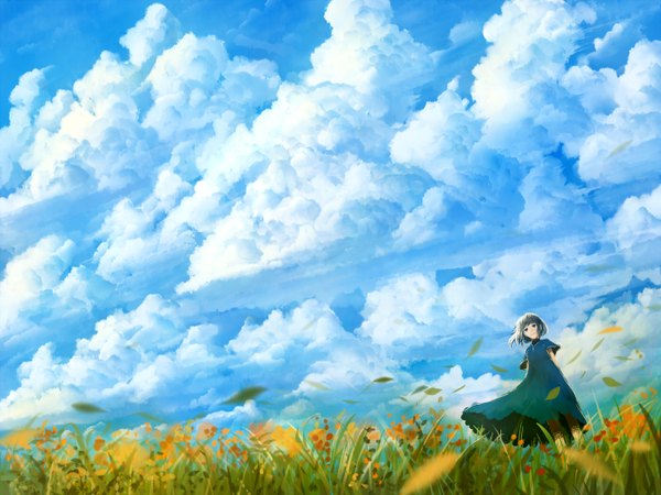 Anime picture 1400x1050 with original bounin single short hair brown hair sky cloud (clouds) wind black eyes girl dress plant (plants) grass