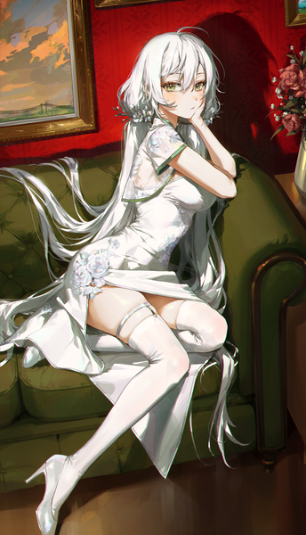 Anime picture 1500x2613 with original kellymonica02 single long hair tall image looking at viewer blush fringe breasts hair between eyes sitting twintails green eyes full body ahoge bent knee (knees) white hair indoors traditional clothes shadow