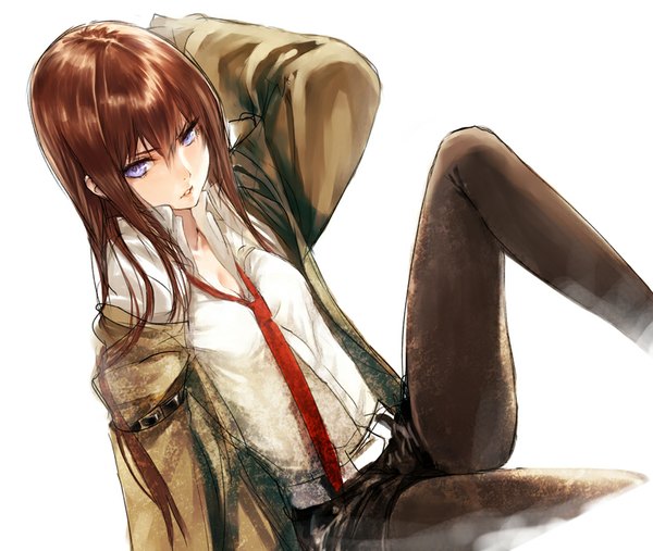 Anime picture 800x676 with steins;gate white fox makise kurisu makimura shunsuke single long hair looking at viewer fringe simple background brown hair white background sitting purple eyes bent knee (knees) parted lips open clothes open jacket arm behind head open collar girl