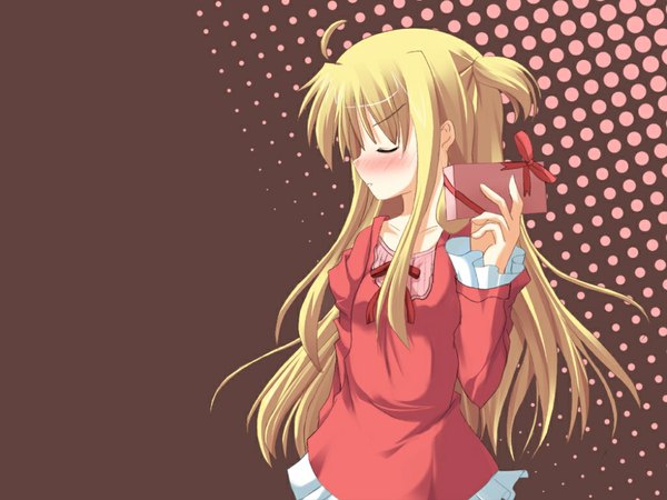 Anime picture 1024x768 with mahou shoujo lyrical nanoha arisa bannings long hair blush blonde hair twintails eyes closed wallpaper valentine girl box