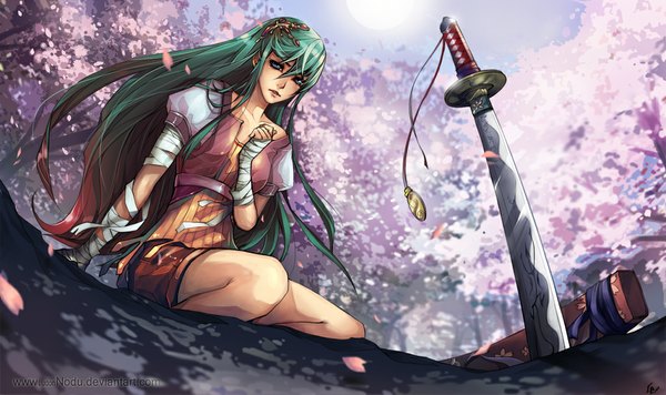 Anime picture 1024x608 with original unodu single long hair wide image sitting green eyes green hair cherry blossoms girl hair ornament weapon plant (plants) sword tree (trees) hairclip katana leaf (leaves) bandage (bandages)