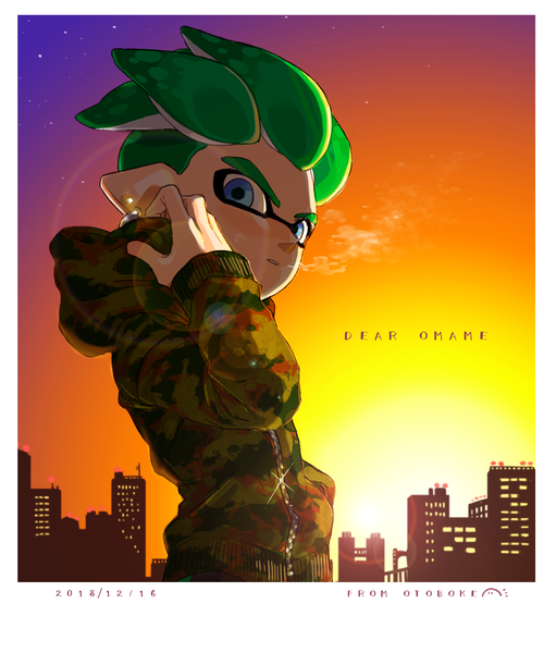 Anime picture 1862x2185 with splatoon splatoon 2 nintendo inkling otoboke-san single tall image looking at viewer highres short hair blue eyes signed upper body outdoors green hair piercing lens flare dated ear piercing exhalation
