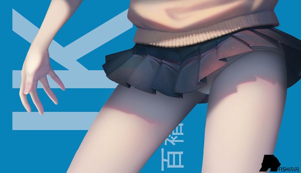 Anime picture 2083x1200 with original scorpionfish single highres light erotic wide image inscription bare legs pantyshot hieroglyph blue background no face girl skirt underwear panties miniskirt