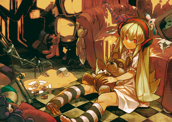 Anime picture 1023x724 with original kitsune (kazenouta) single long hair looking at viewer smile red eyes sitting green hair checkered floor girl socks headphones toy stuffed animal couch wire (wires) teddy bear mug striped socks