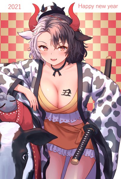Anime picture 787x1165 with touhou ushizaki urumi roke (taikodon) single tall image looking at viewer blush fringe short hair breasts open mouth light erotic black hair smile hair between eyes red eyes large breasts standing animal ears cleavage