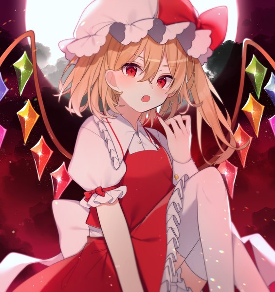 Anime picture 1600x1700 with touhou flandre scarlet yurui tuhu single tall image looking at viewer blush fringe short hair open mouth blonde hair hair between eyes red eyes sitting bent knee (knees) nail polish fingernails short sleeves puffy sleeves one side up