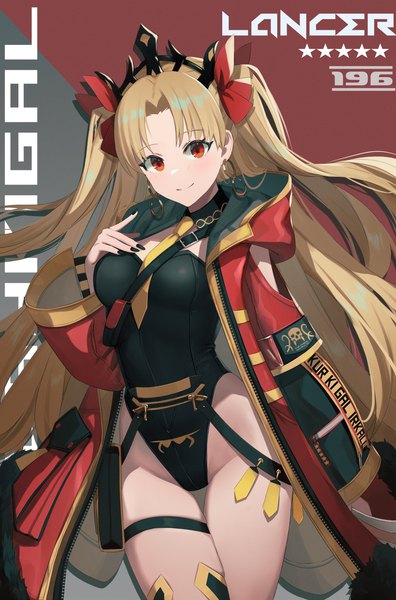 Anime picture 2785x4225 with fate (series) fate/grand order ereshkigal (fate) dolce (dolsuke) single long hair tall image looking at viewer fringe highres light erotic blonde hair smile red eyes standing nail polish fingernails open jacket two side up alternate costume