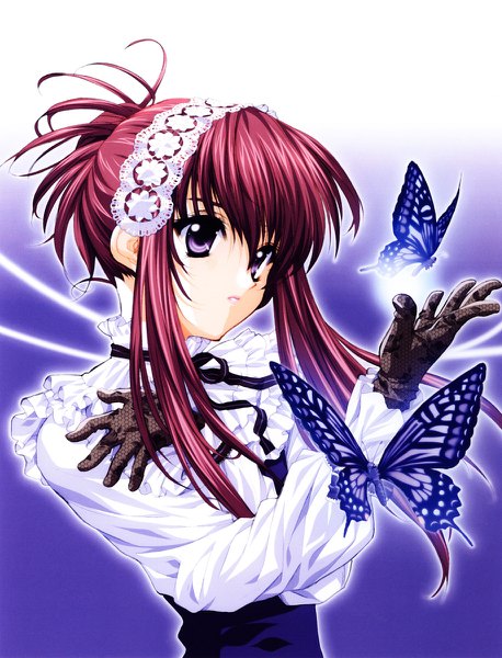 Anime picture 916x1200 with sister princess zexcs chikage (sister princess) tenhiro naoto single tall image fringe short hair simple background hair between eyes purple eyes payot looking away upper body red hair parted lips arm up gradient background purple background girl
