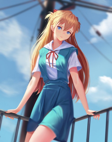 Anime picture 900x1140 with neon genesis evangelion gainax soryu asuka langley dongfangzhong111 single long hair tall image looking at viewer fringe blue eyes hair between eyes brown hair standing sky cloud (clouds) outdoors nail polish head tilt fingernails blurry