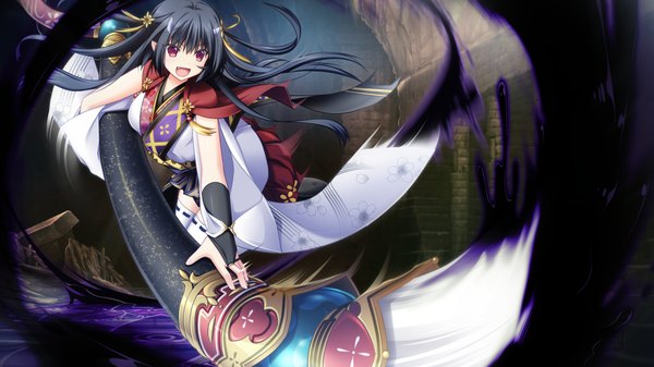 Anime picture 1280x720 with kami no rhapsody eushully tsumugi (kami no rhapsody) single long hair open mouth black hair wide image purple eyes game cg girl hair ornament weapon