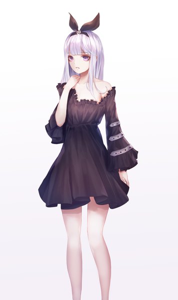 Anime picture 2230x3759 with original doroshi single long hair tall image fringe highres light erotic simple background white background purple eyes looking away silver hair blunt bangs off shoulder girl dress bow hair bow black dress