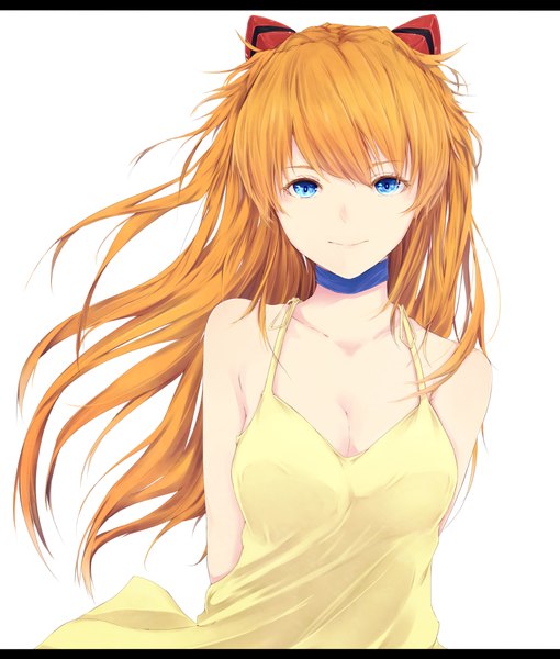 Anime picture 1697x1994 with neon genesis evangelion gainax soryu asuka langley shikinami asuka langley marumoru single long hair tall image looking at viewer blue eyes simple background smile brown hair white background bare shoulders girl dress hair ornament choker sundress