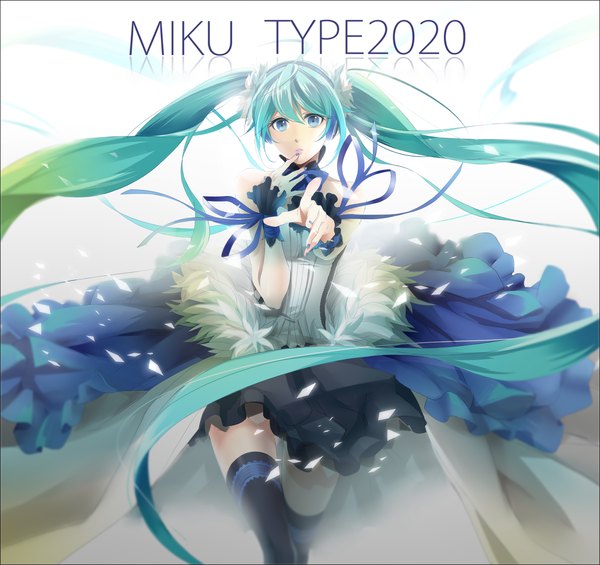 Anime picture 2000x1885 with 7th dragon vocaloid hatsune miku yache single looking at viewer highres white background twintails very long hair aqua eyes aqua hair girl thighhighs dress ribbon (ribbons) black thighhighs
