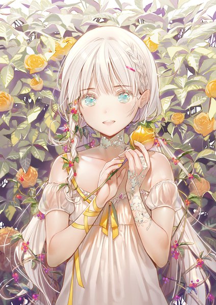 Anime picture 570x805 with original dsmile single long hair tall image looking at viewer fringe open mouth blonde hair bare shoulders nail polish head tilt hair flower fingernails happy yellow nail polish girl flower (flowers) ribbon (ribbons) choker