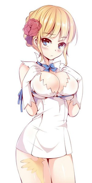 Anime picture 502x1000 with dungeon ni deai wo motomeru no wa machigatteiru darou ka umineko no naku koro ni j.c. staff beatrice murasakigo single tall image looking at viewer blush breasts blue eyes light erotic simple background blonde hair large breasts white background hair flower embarrassed sleeveless hand on chest