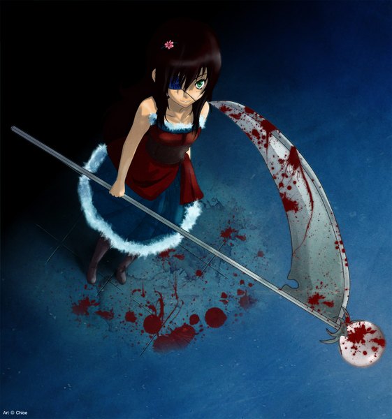 Anime picture 1500x1604 with original tagme (artist) single long hair tall image brown hair bare shoulders green eyes signed hair flower from above girl hair ornament weapon blood eyepatch huge weapon scythe