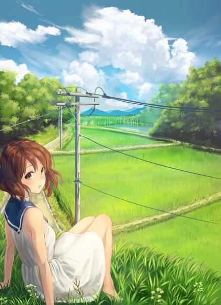 Anime picture 1089x1500 with hibike! euphonium kyoto animation oumae kumiko ryokucha manma single tall image blush short hair open mouth brown hair sitting brown eyes looking away sky cloud (clouds) barefoot arm support girl dress plant (plants)
