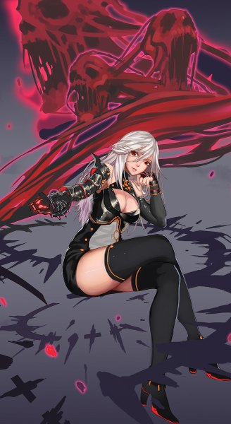Anime picture 657x1200 with dungeon and fighter xiaoshou xiansheng single long hair tall image looking at viewer breasts simple background red eyes sitting cleavage white hair grey background high heels crossed legs girl thighhighs gloves weapon black thighhighs