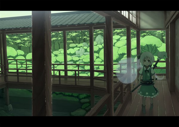 Anime picture 1920x1357 with touhou konpaku youmu myon sasaj single highres short hair smile green eyes silver hair short sleeves no shoes puffy sleeves letterboxed walking scenic architecture east asian architecture girl skirt