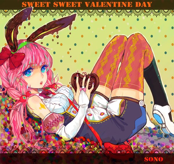 Anime picture 1600x1502 with sono (pixiv) long hair open mouth blue eyes animal ears pink hair nail polish bunny ears symbol-shaped pupils polka dot valentine rhombus polka dot background girl thighhighs gloves hair ornament bow hair bow elbow gloves