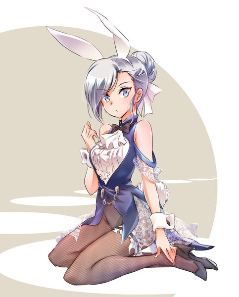 Anime picture 3360x4168 with rwby rooster teeth winter schnee iesupa single tall image looking at viewer highres short hair simple background white background sitting animal ears absurdres silver hair full body grey background high heels bunny ears bunny girl