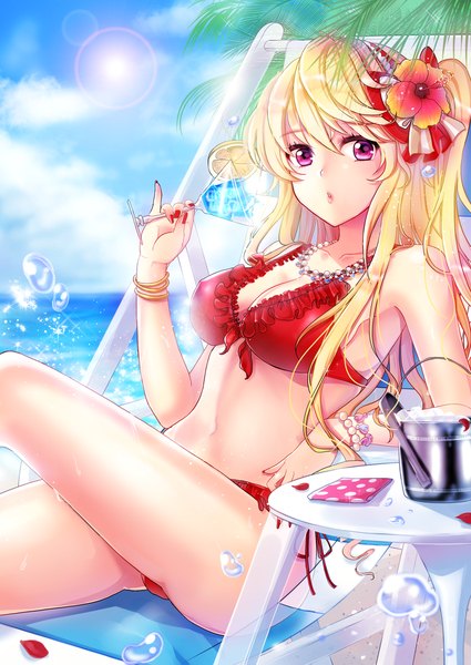Anime picture 743x1050 with sword girls cinia pacifica aigyoju single long hair tall image looking at viewer open mouth light erotic blonde hair purple eyes sky cloud (clouds) nail polish hair flower red nail polish girl hair ornament flower (flowers) swimsuit