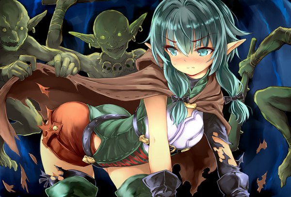 Anime picture 1500x1019 with goblin slayer! high elf archer (goblin slayer!) kumakou long hair blush fringe breasts open mouth light erotic hair between eyes standing holding payot looking away bent knee (knees) ass barefoot aqua eyes pointy ears aqua hair