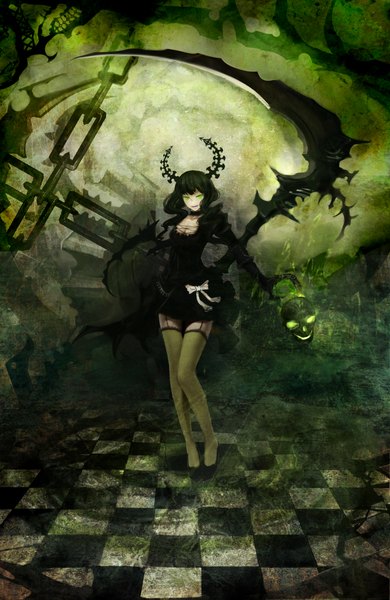 Anime picture 1500x2304 with black rock shooter dead master moekyon single long hair tall image black hair green eyes cleavage horn (horns) legs checkered floor girl thighhighs dress weapon black dress garter straps chain skull