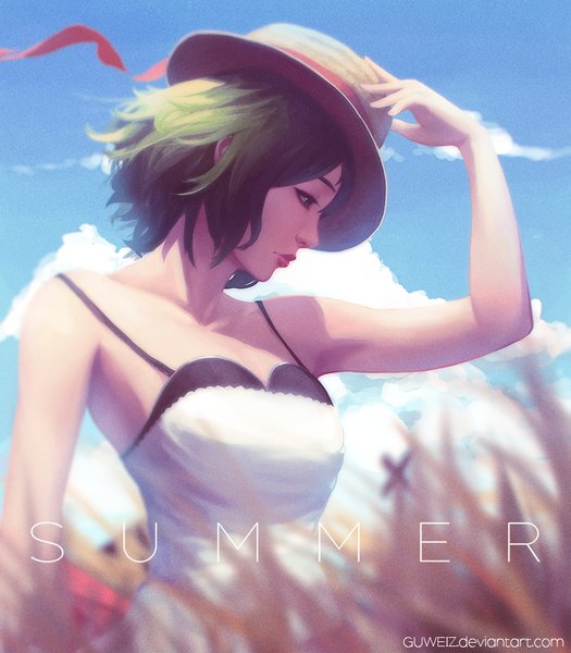 Anime picture 788x900 with guweiz single tall image short hair bare shoulders green eyes sky cloud (clouds) profile green hair wind lips blurry inscription lipstick text english red lipstick ilya kuvshinov (style) girl