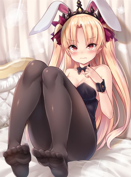 Anime picture 895x1209 with fate (series) fate/grand order ereshkigal (fate) shimokirin single long hair tall image looking at viewer blush fringe breasts light erotic blonde hair red eyes bare shoulders animal ears sparkle two side up bunny ears no shoes