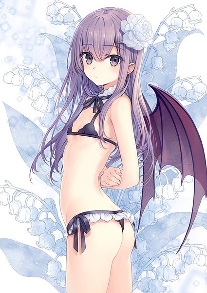 Anime picture 724x1023 with original yashiro seika single long hair tall image looking at viewer fringe breasts light erotic hair between eyes standing purple eyes purple hair ass hair flower underwear only hands behind back demon wings floral background girl