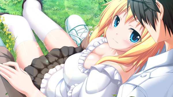 Anime picture 1024x576 with soukoku no arterial blush short hair blue eyes blonde hair wide image game cg girl thighhighs boy white thighhighs